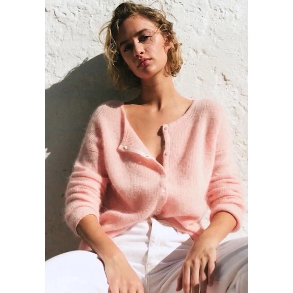 Sezane Gaspard Cardigan Pink Button Down Mohair Alpaca Ribbed Knit Sweater Small
